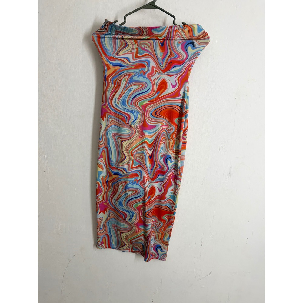 Black Bead Psychedelic Marble Swirl Bodycon Midi Dress Strapless Y2K Medium